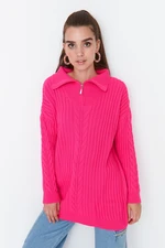 Trendyol Fuchsia Thessaloniki Braided Zippered Knitwear Sweater