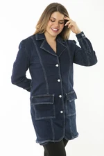 Şans Women's Plus Size Navy Blue Lycra Jeans Coat With Buttons And Pockets