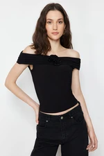 Trendyol Black Carmen Collar Rose Detailed Crop Stretchy Knitted Madonna Collar Blouse