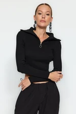 Trendyol Black Crop Zipper Detail Pletený svetr