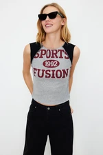 Trendyol Gray Melange Color Block Slogan Printed Fitted/Situated Crop Knitted T-Shirt