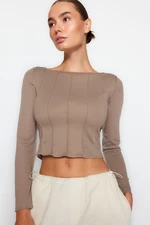 Trendyol Beige Stitching Detail Carmen Collar Fitted/Situated Ribbon Knitted Blouse