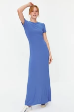 Trendyol modré krátke rukávy bodycone/priliehavé šaty s okrúhlym výstrihom, elastické pletené maxi puzdrové šaty