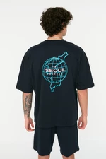 Trendyol Navy Blue Oversize/Wide Cut Seoul City Printed Short Sleeve 100% Cotton T-Shirt