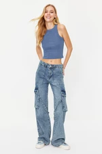 Trendyol Blue Cargo Pocket High Waist Wide Leg Jeans