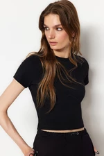 Trendyol Black Piping Detailed Crew Neck Crop Corduroy Stretch Knitted Blouse