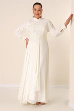 By Saygı Beaded Embroidered Lined Plus Size Long Chiffon Dress with Flounce on the Front