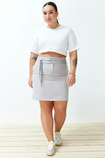 Trendyol Curve Gray High Waist Double Tie Detailed Woven Skirt