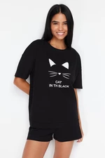 Trendyol Čierne 100% Bavlnené Pyžamo so Širokým Strihom a Potlačou Mačky
