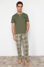 Trendyol Men's Khaki Regular Fit Plaid Knitted Pajama Set