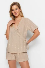 Trendyol Beige 100% Cotton Striped Wide Pattern Woven Pajama Set