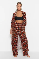 Trendyol Geometric Patterned Belted Maxi Woven Balloon Sleeve Kimono & Kaftan