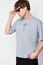 Trendyol Gray Oversize/Wide Cut Puffy Text Printed 100% Cotton T-shirt