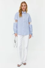 Trendyol Blue Sleeve Brode Detail Cotton Blended Striped Woven Shirt