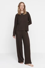 Trendyol Brown Ribbed Knitted Pajama Set