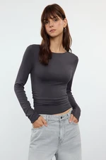 Trendyol Anthracite Fitted/Fits the Body Gathered/Drape Detailed Boat Neck Flexible Knitted Blouse