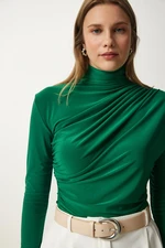 Happiness İstanbul Women's Green Gathered Detailed High Neck Sandy Blouse