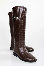 Shoeberry Women's Matia Brown Crocodile Rider Long Boots