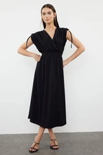 Trendyol Black Plain Zero Sleeve Double Breasted Skater/Waist Opening Gathered Flexible Midi Dress Knit