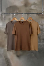 Trendyol Brown-Beige-Grey Slim/Slim Cut Crew Neck Basic 100% Cotton 3-Pack T-Shirt