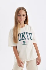 DEFACTO Girls Oversize Wide Pattern Crew Neck Text Printed Short Sleeve School T-Shirt