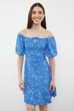 Trendyol Blue Floral Midi Dress with Tie Detail and Elastic Waist Opening Knitted Dress