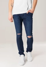 Slim Fit Knee Cut Denim Pants Dark Blue