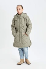 DEFACTO Girl Water Repellent Hooded Zippered Snap Pocket Long Coat Parka