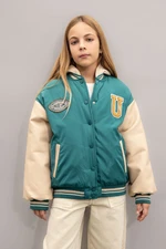 DEFACTO Girls Detachable Hooded College Collar Snap Pocket Bomber Jacket