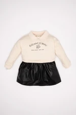 DEFACTO Baby Girl Crew Neck Floral Printed Faux Leather Skirted Long Sleeve Sweatshirt Dress