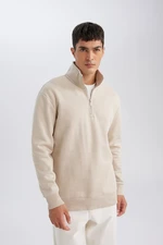 DEFACTO Men's Beige 3 Thread Cotton Raised Polar Fleece Regular Fit Stand Collar Zippered Thick Sweatshirt