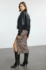 Trendyol Brown Leopard Printed Smart Crepe Slit Detailed Maxi High Waist Flexible Knitted Skirt