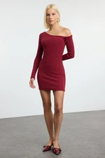 Trendyol Burgundy Fitted Asymmetrical Neckline Off Shoulder Mini Ribbed Flexible Knitted Pencil Dress