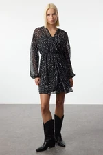 Trendyol Black Polka Dot Patterned A-Line Double Breasted Neck Mini Lined Chiffon Woven Dress