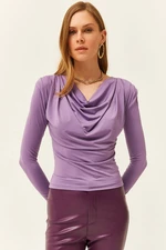 Olalook Women's Lilac Waistband Pleated Roll Up Collar Blouse