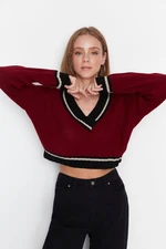 Trendyol Burgundy Krótki Sweter Z Dekoltu W Serek