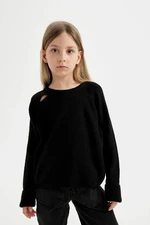 DEFACTO Girl's Black Standard Fit Crew Neck Basic Plain Knitwear Sweater