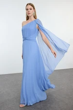 Trendyol Blue A-Cut Pleated Long Evening Dress