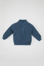 DEFACTO Baby Boy Indigo Stand Collar Zippered Label Printed Knitwear Sweater