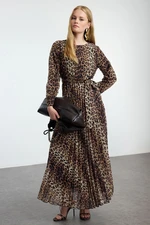 Trendyol Brown Leopard Patterned Belt Detailed Lined Pleated Chiffon Woven Dress