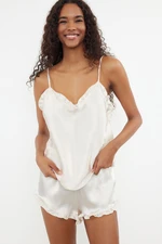 Trendyol Ecru Ruffled Rope Strap Satin Woven Pajama Set