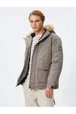 Koton Puffer Jacket Stand Collar Zipper Label Printed Pocket Detailed