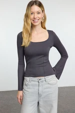 Trendyol Anthracite Fitted/Fits the Body Seam Detailed Pool Neck Flexible Knitted Blouse