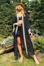 Trend Alaçatı Stili Women's Black Ethnic Bordered Self Opening Kimono Jacket