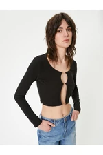 Koton Crop Cardigan Crew Neck Metal Accessory