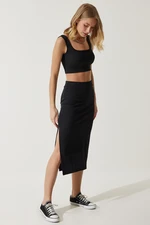 Happiness İstanbul Women's Black Strappy Crop Pencil Skirt Knitted Set