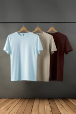 Trendyol Dark Brown-Stone-Light Blue Slim/Slim Cut Crew Neck 100% Cotton 3-Pack T-Shirt