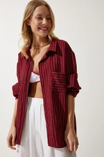 Happiness İstanbul Women's Burgundy Striped Pocket Viscose Shirt