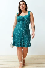 Trendyol Curve Petrol Polka Dot Printed Square Neck Flounce A-Line Mini Summer Knitted Dress