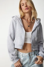 Happiness İstanbul Women's Gray Hooded Zippered Crop Sweatshirt